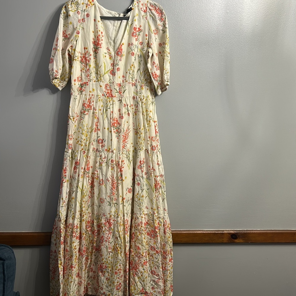 Ralph Lauren Floral Cream Maxi Dress with Orange/Yellow/Pink Print Size 10